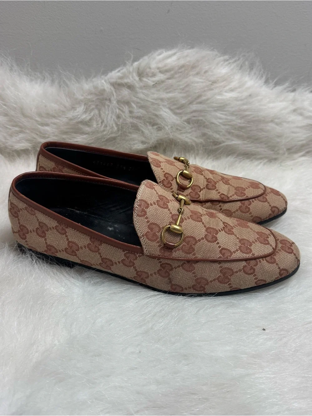Gucci Jordaan GG Monogram Horsebit Tan Loafers 39.5